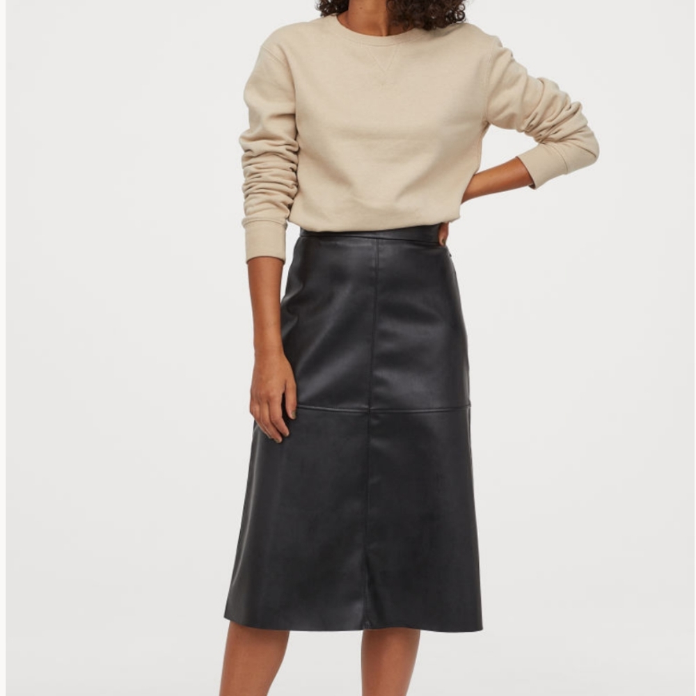 Black Faux Leather Midi Skirt